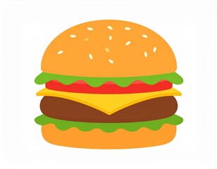 A simple flat vector illustration of a single cheeseburger, with bun, lettuce, tomato, cheese, and patty. Minimalist style, bold colors, no background, isolated on white