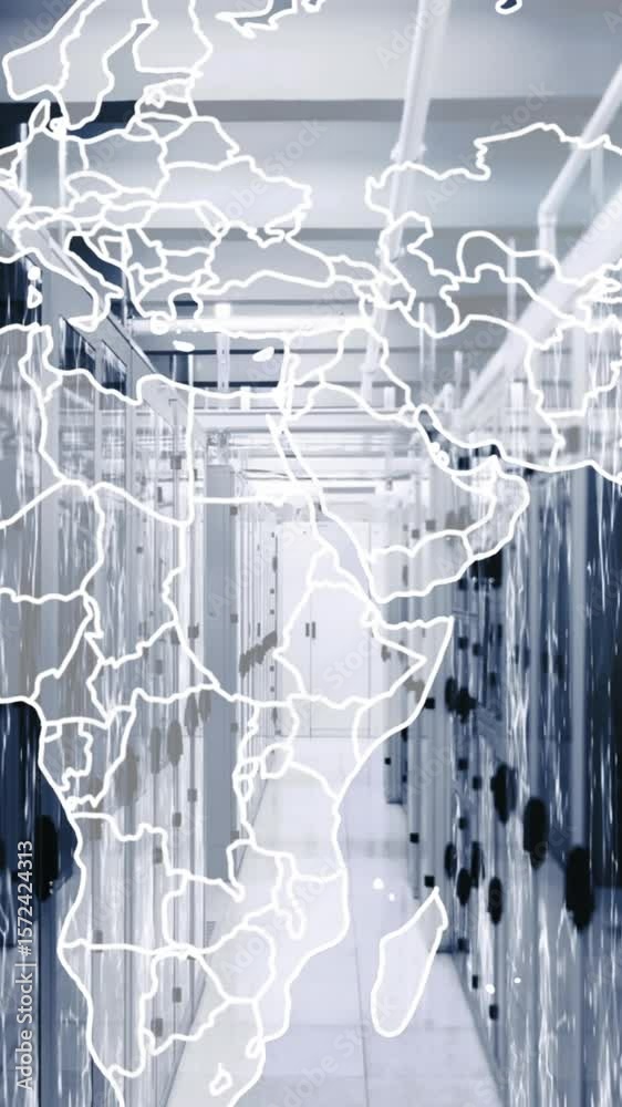 Aufkleber animation of map and connected dots on server racks in server room