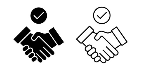 Vector isolated Shaking Hand with tick mark icon set in black outline and fill