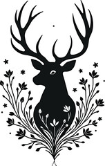Vector art of silhouette of a majestic deer with large antlers surrounded by delicate floral elements, isolated on white background