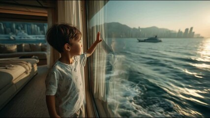 Curious asian child looking through luxiry room in a yatch window at passing boat and cityscape