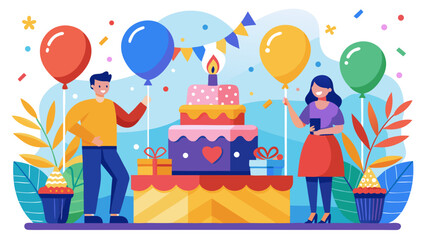 Vector art of a cheerful illustration of a birthday celebration, with a couple holding balloons near a delicious cake and gifts
