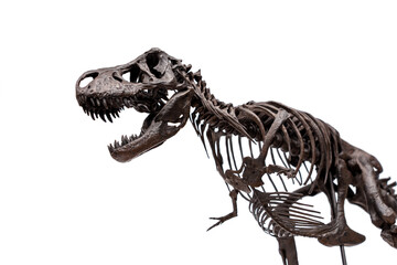 Fossil skeleton of Famous Dinosaur Late Cretaceous Tyrannosaurus rex or t-rex isolated on white background.