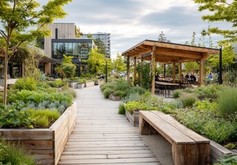 Modern urban plaza with wooden walkway and lush green community garden