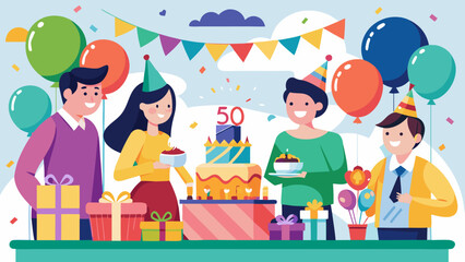 Vector art of friends gather to celebrate a 50th birthday milestone with a beautiful cake, gifts, and festive decorations