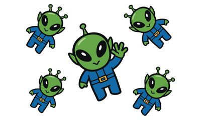 Cute cartoon aliens with big eyes and antennae wave hello