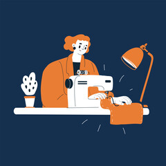 Cartoon vector illustration of a woman stitching fabric at a table as a metaphor for dedication to creativity and skilled craftsmanship against dark background