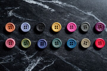 A collection of colorful round fourhole buttons arranged in two rows against a black marblelike surface