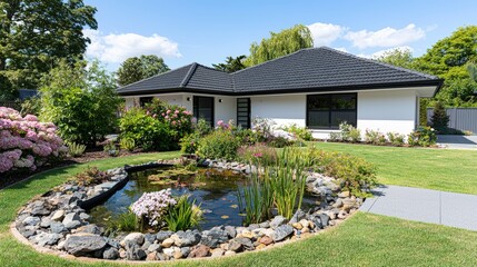 A home with a small pond in the backyard, surrounded by native plants and flowers, sustainable landscaping,