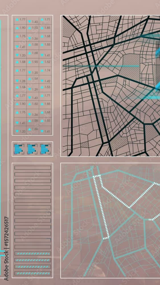 Poster animation of graph, loading circles, bars, navigation pattern and computer language over modern city