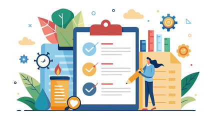 Obraz premium Vector art of a woman is meticulously checking off items on a checklist, highlighting the importance of task management and goal achievement in a business setting