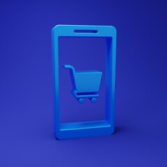 Blue Mobile phone and shopping cart icon isolated on blue background. Online buying symbol. Supermarket basket symbol. Minimalism concept. 3D render illustration