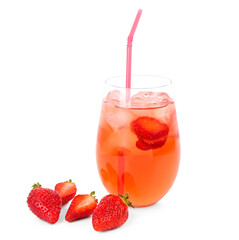 Glass of tasty strawberry drink on white background