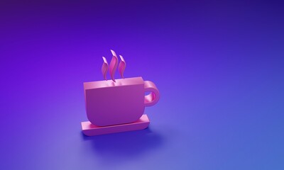 Pink Coffee cup icon isolated on purple-blue background. Tea cup. Hot drink coffee. Minimalism concept. 3D render illustration