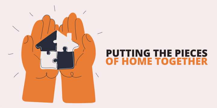 Cartoon vector illustration of hands assembling a puzzle house as a metaphor for building a supportive and united home