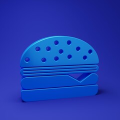 Blue Burger icon isolated on blue background. Hamburger icon. Cheeseburger sandwich sign. Minimalism concept. 3D render illustration