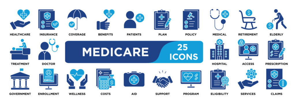 MEDICARE icon collection set. Containing healthcare,insurance,coverage,benefits,patients,plan,policy,medical,retirement,elderly icon. dual tone vector.	