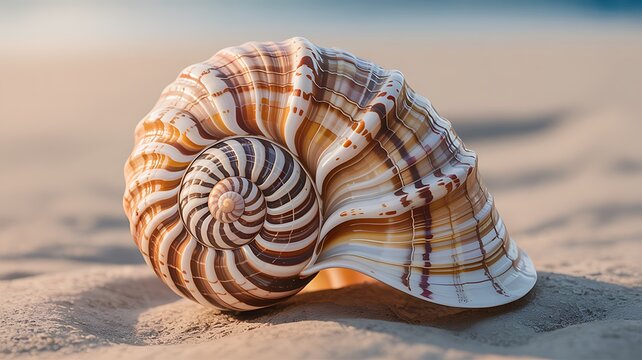 Close up of beautiful seashell on sandy beach with ocean background in natural coastal environment
