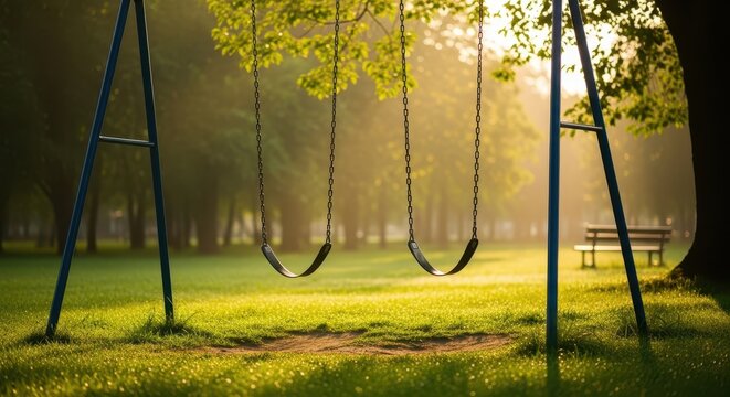 An empty swing set in a park bathed in the soft morning light, creating a peaceful and serene atmosphere