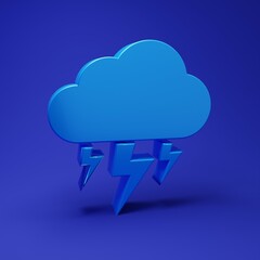 Blue Storm icon isolated on blue background. Cloud and lightning sign. Weather icon of storm. Minimalism concept. 3D render illustration