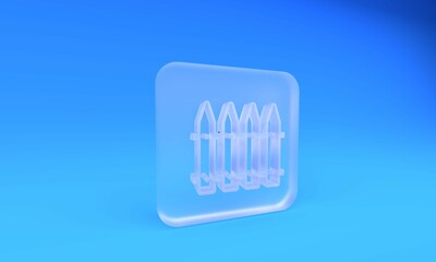 Frosted glass Garden fence wooden icon isolated on blue background. Square frosted glass button. 3D render illustration