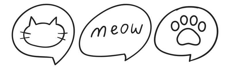 Outline icons. Cat paw, Meow, Cat face. Vector design. Illustrations on white background.