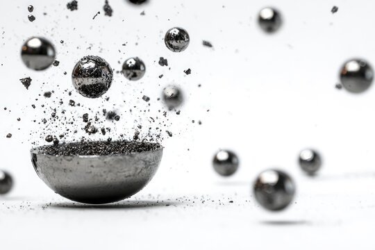 A halved silver bowl holds dark powder with metallic spheres  bits suspended in the air set against a bright backdrop