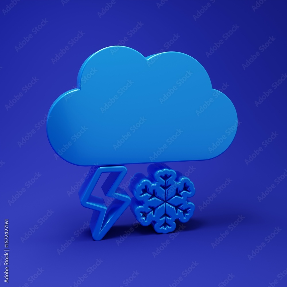 Fototapete blue cloud with snow and lightning icon isolated on blue background. cloud with snowflakes. single w