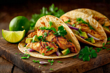 Delicious tacos filled with grilled chicken, avocado, and red onion, garnished with cilantro and served with fresh lime.