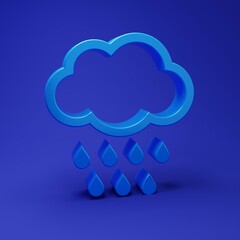 Blue Cloud with rain icon isolated on blue background. Rain cloud precipitation with rain drops. Minimalism concept. 3D render illustration