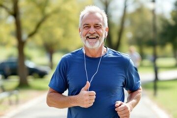 active mature adult running outdoors on tree-lined pathway in summer
