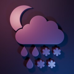 Purple Cloud with snow, rain and moon icon isolated on purple-blue background. Weather icon. Minimalism concept. 3D render illustration