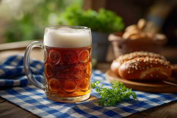 Refreshing mug of amber-colored beer with frothy head, placed on a blue checkered tablecloth beside freshly baked goods.
