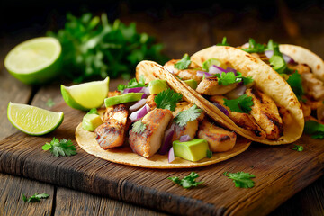 A pair of flavorful tacos with grilled meat, avocado, red onion, and cilantro, served on a rustic wooden board with lime wedges.