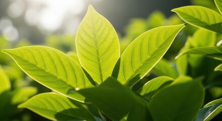 Fototapeta premium Sunlight shining through vibrant green leaves in a lush natural setting