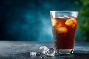 Refreshing iced drink with ice cubes on a dark blue background, condensation on the glass. Refreshing summer drink.