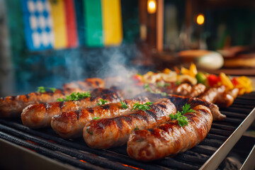 Juicy sausages sizzle on the grill, garnished with fresh herbs. A summer barbecue delight for all to enjoy with friends and family.