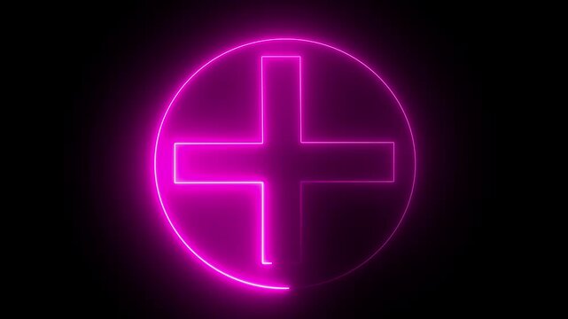 Neon Pink Plus Sign in Circle on Black Background Technology Symbol