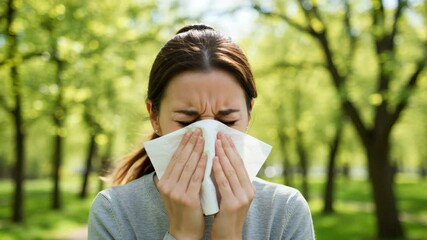 Person sneezing with tissue outdoors in park, allergy relief and health awareness