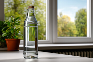 Glass water bottle on a table next to a green potted plant with a view through a window in the background.
