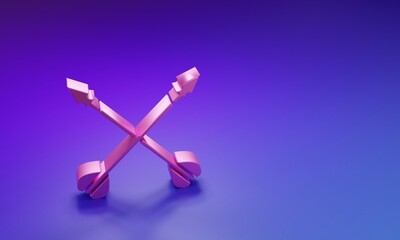 Pink Medieval crossed arrows icon isolated on purple-blue background. Medieval weapon. Minimalism concept. 3D render illustration