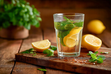 Refreshing drink with lemon and mint. Hydration and natural flavor in a glass on a wooden table. Healthy lifestyle.