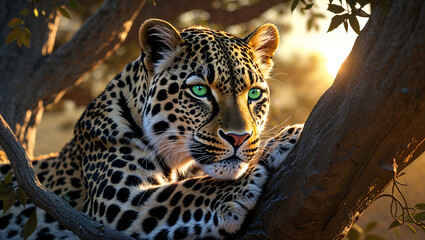 Wild Leopard on Tree Limb at Sunset with Rosette Fur Pattern and Calm Expression in a Peaceful Natural Setting