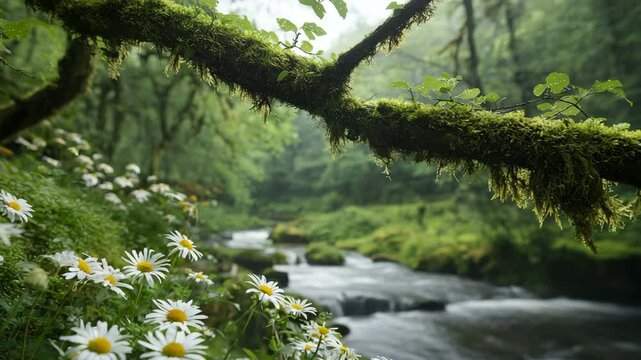 A mossy tree branch hanging over the river, daisies in the foreground, a green forest background