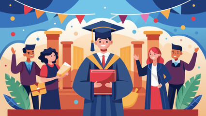 Obraz premium Vector art of a cheerful graduate stands with friends, proudly holding a diploma at their graduation ceremony