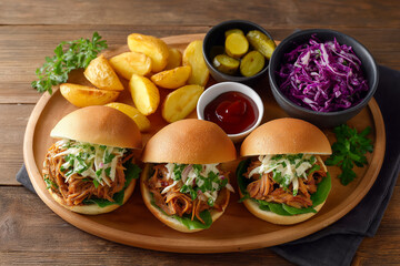 Pulled sliders on platter: three small sandwiches with meat filling, potato wedges, pickles, ketchup and red cabbage on a rustic plate