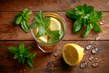 Refreshing drink with lemon and mint. A healthy, thirst-quenching beverage perfect for a hot day, displayed on a wooden background.