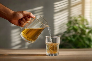 Refreshing Drink: Clear pitcher pours a golden beverage into a glass, bathed in sunlight. Simple pleasures of hydration at home.