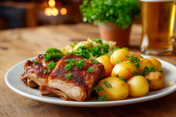 Delicious dinner plate featuring tender ribs, boiled potatoes, and a refreshing green salad. A hearty meal to savor and enjoy.