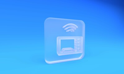Frosted glass Smart microwave oven system icon  on blue background. Home appliances icon. Internet of things concept with wireless connection. Square frosted glass button. 3D render illustration